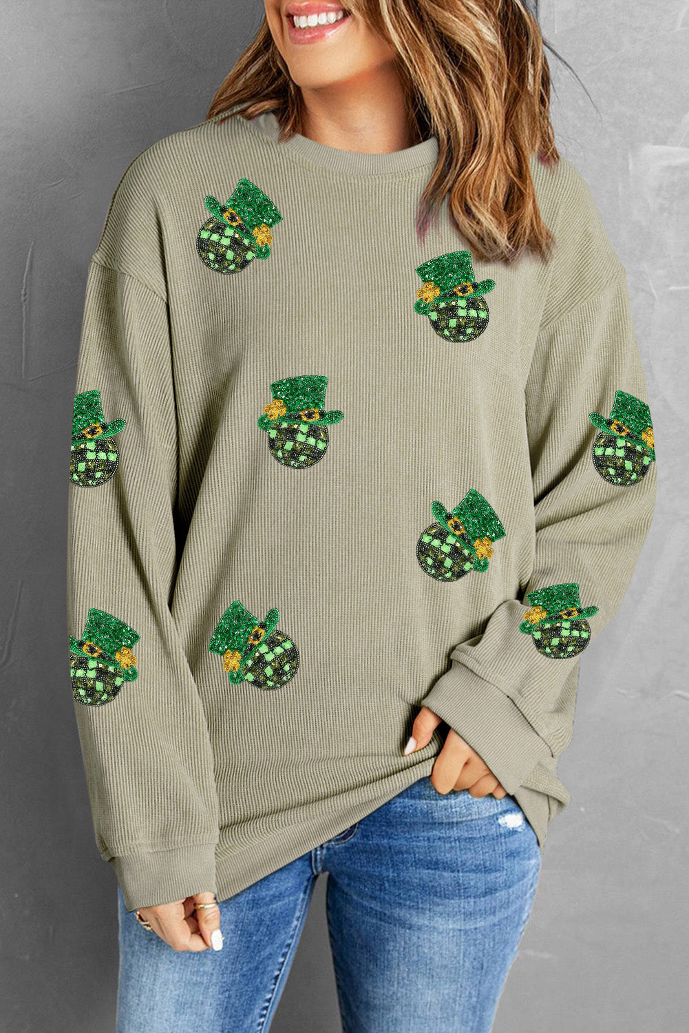 Sequin St Patrick Disco Ball Patch Corded Sweatshirt | Green