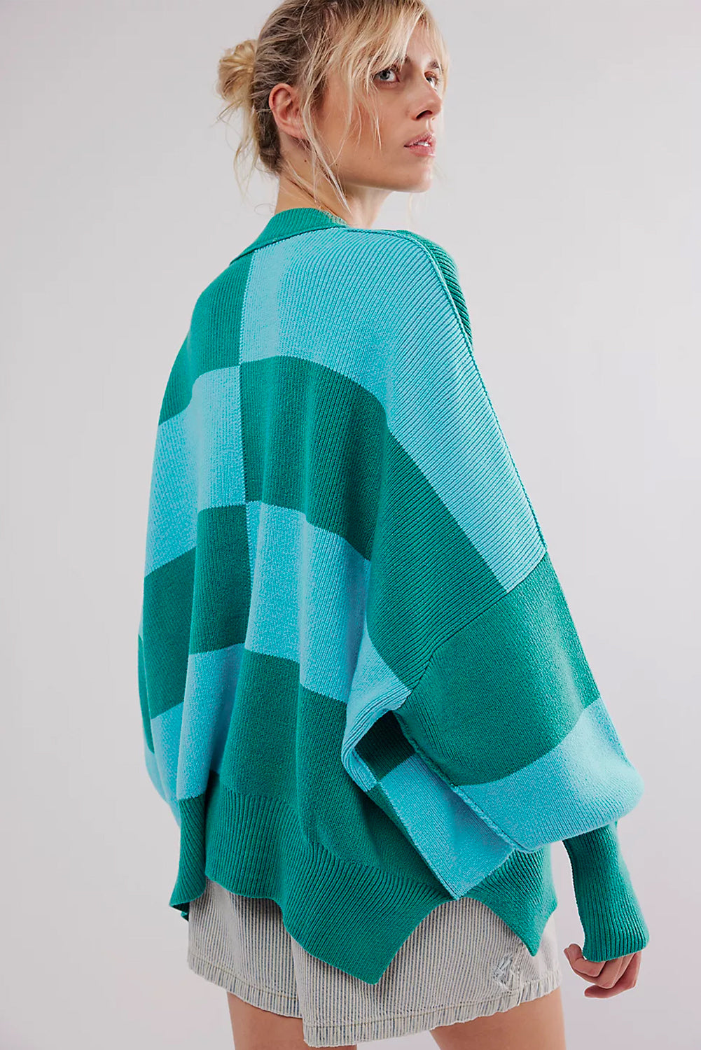 Checkered Side Slits Drop Shoulder Oversized Sweater | Green