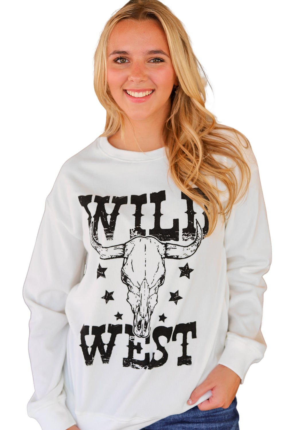 Wild West Steer Skull Graphic Ribbed Sweatshirt | White