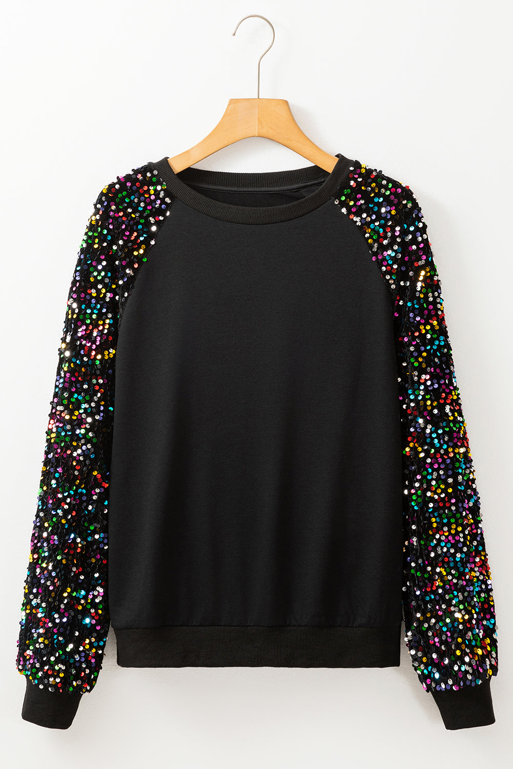 Sequin Raglan Sleeve Crewneck Pullover Sweatshirt | Black