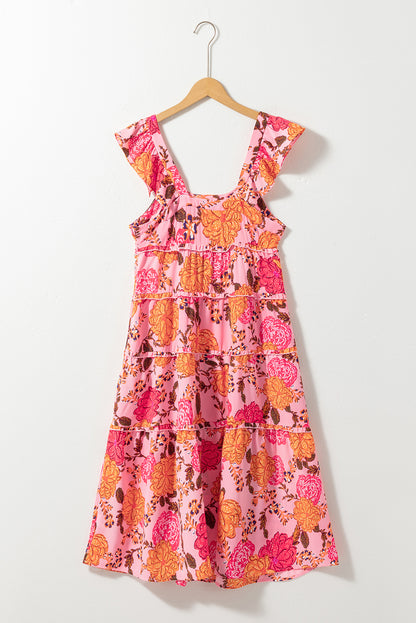 Floral Square Neck Ruffled Flutter Sleeve Tiered Midi Dress | Pink