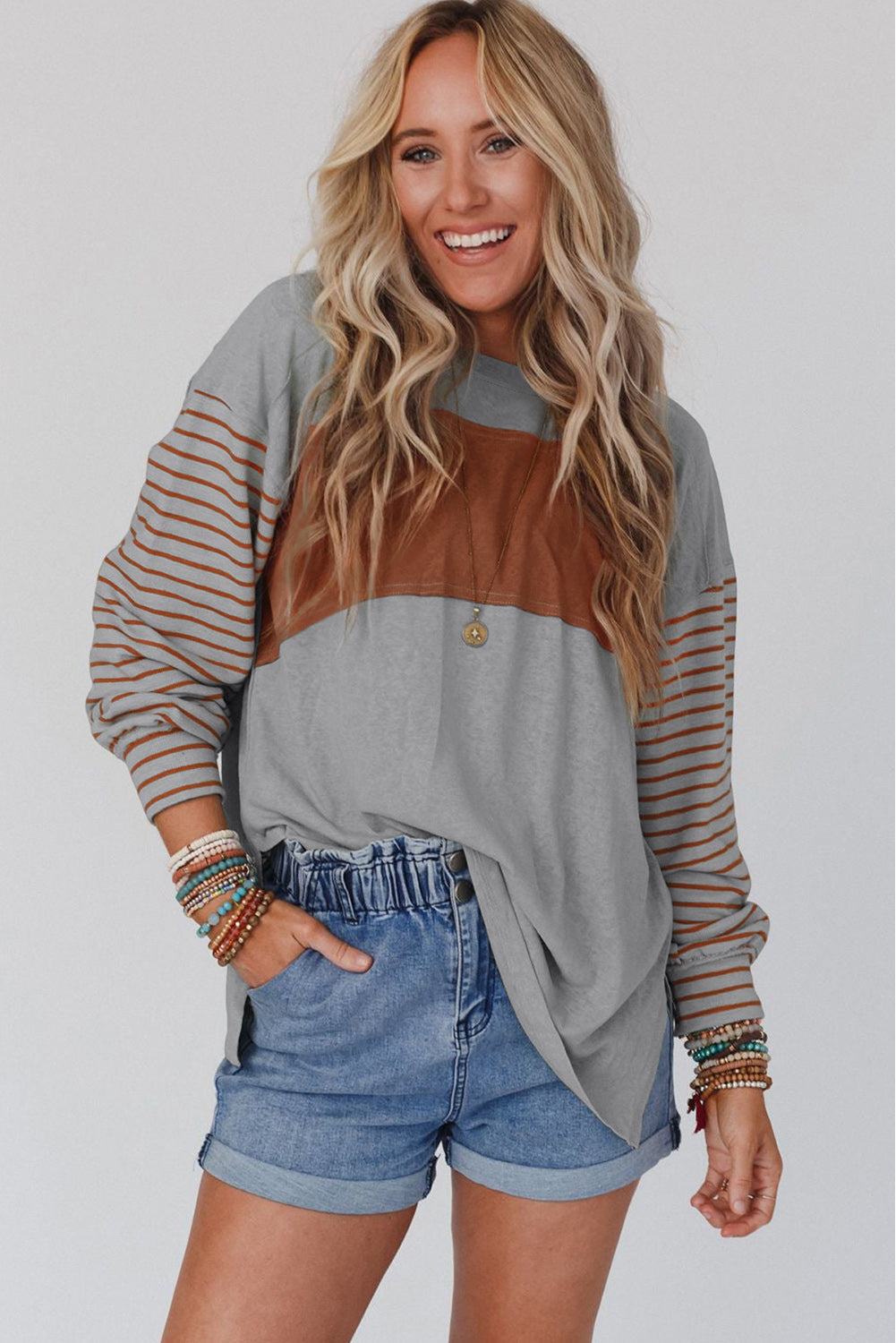 Colourblock Striped Bishop Sleeve Top | Gray