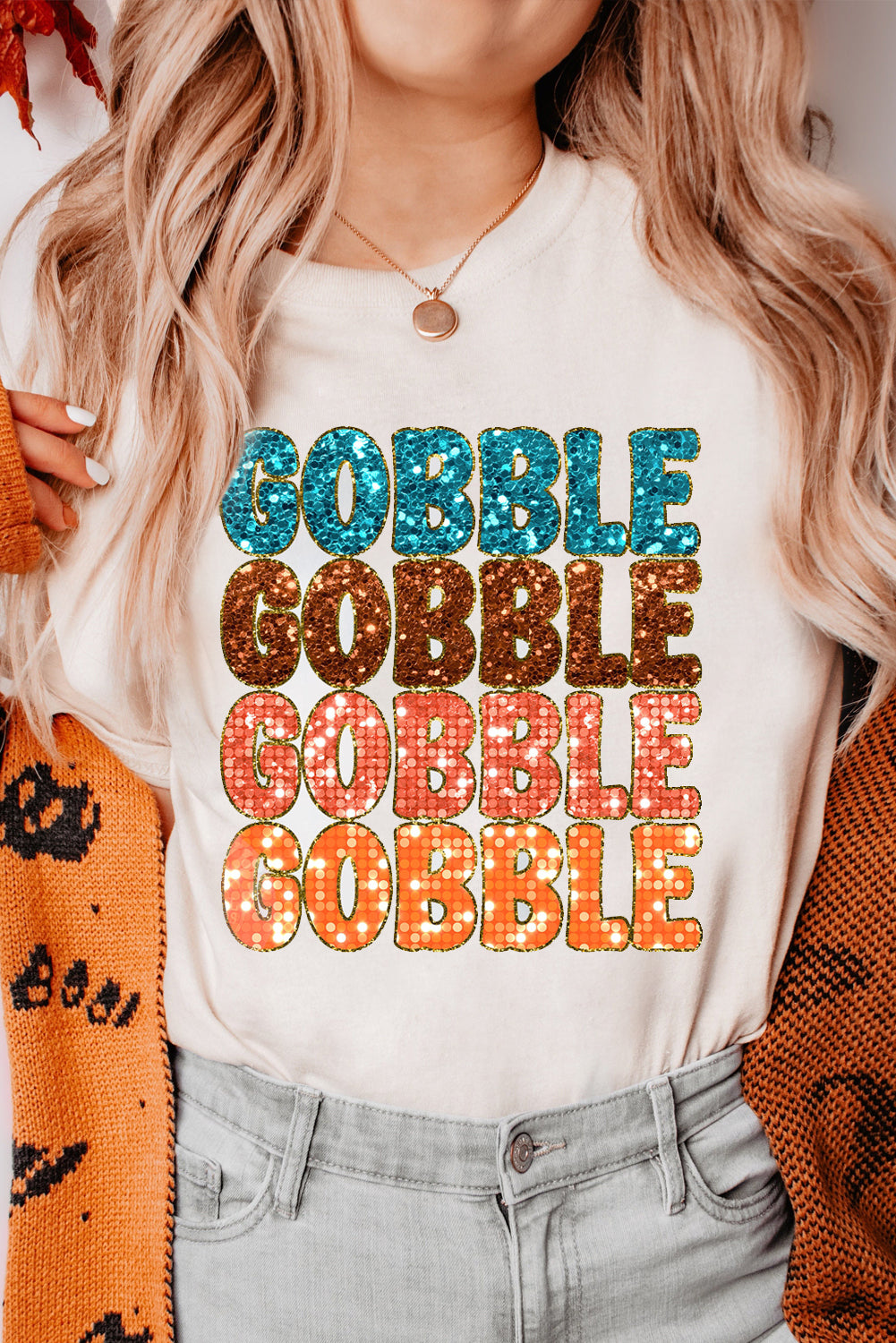 White Heat Transfer GOBBLE Graphic Crewneck Thanksgiving T Shirt