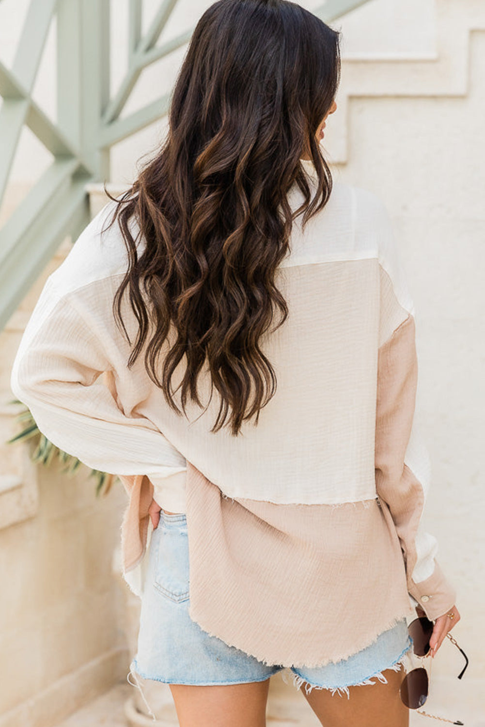 Colour Block Buttoned Raw Hem Textured Shirt | Khaki