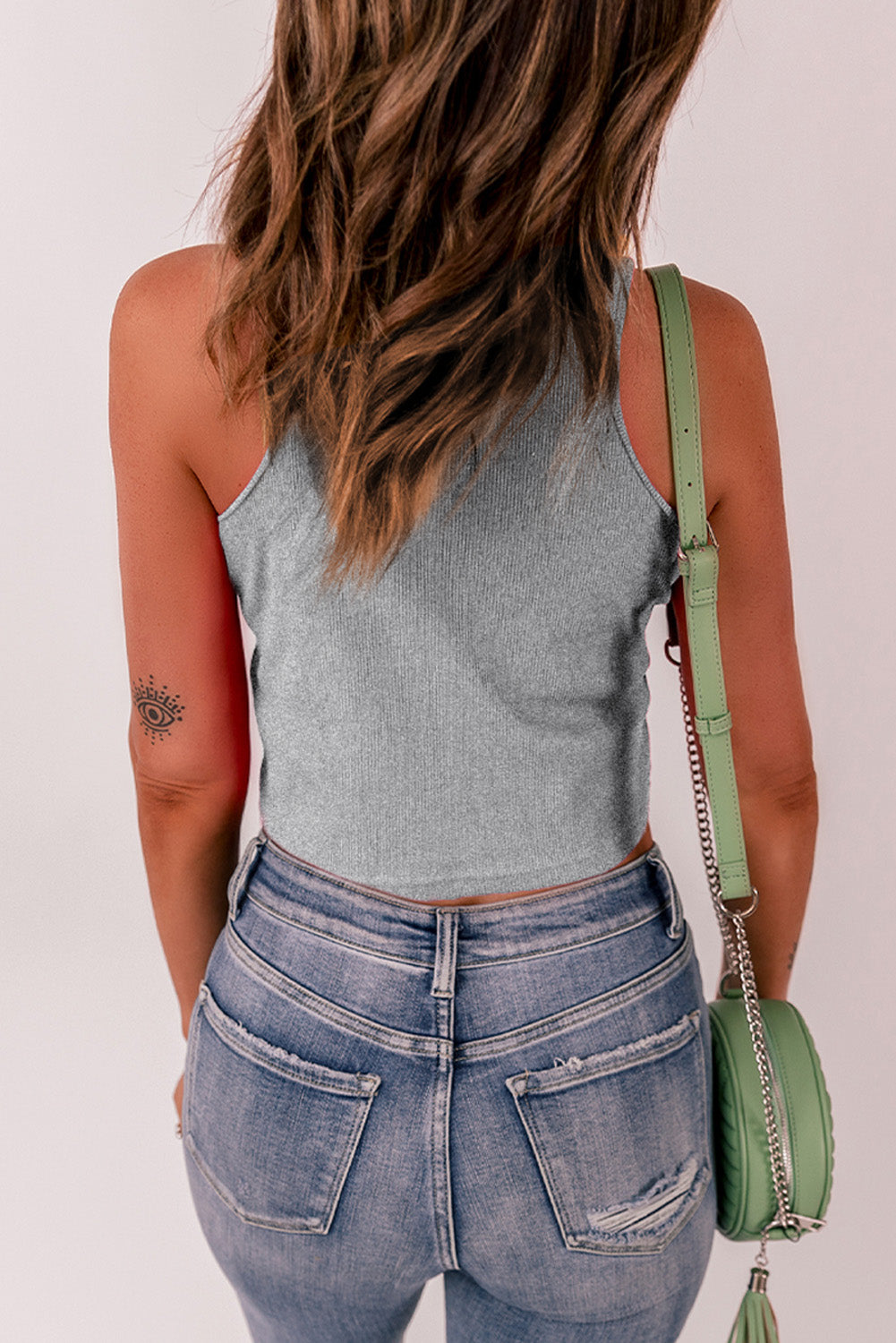 Rib Knit Crew Neck Sleeveless Crop Top | Gray