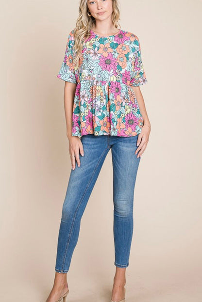 Bohemian Flower Print Flowy Short Sleeve Top | Multicolour