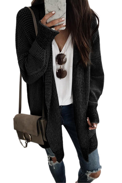 Plaid Knitted Long Open Front Cardigan | Black