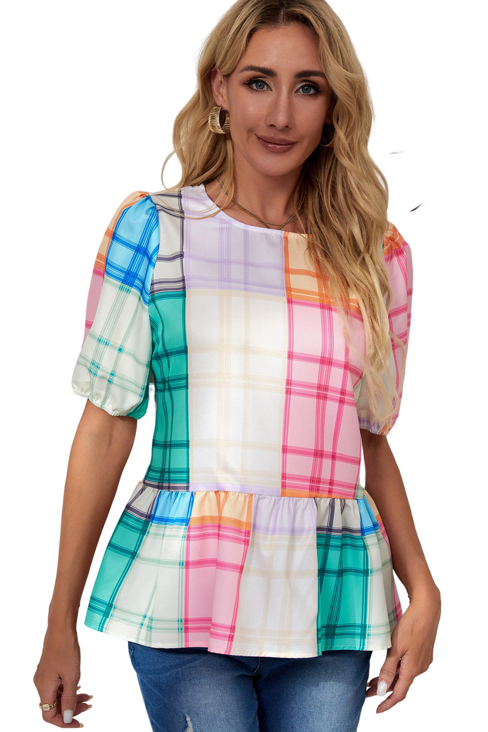 Bold Plaid Colour Block Puff Sleeve Peplum Top | Multicolour