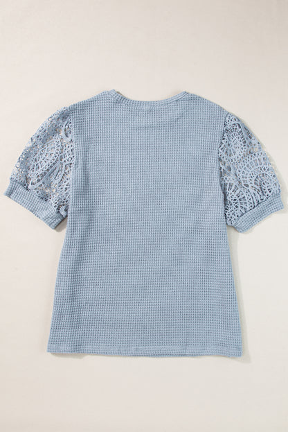 Plus Size Textured Knit Lace Sleeve T Shirt | Ashleigh Blue