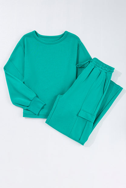 Solid Colour Pullover Top And Cargo Pants Set | Lapis