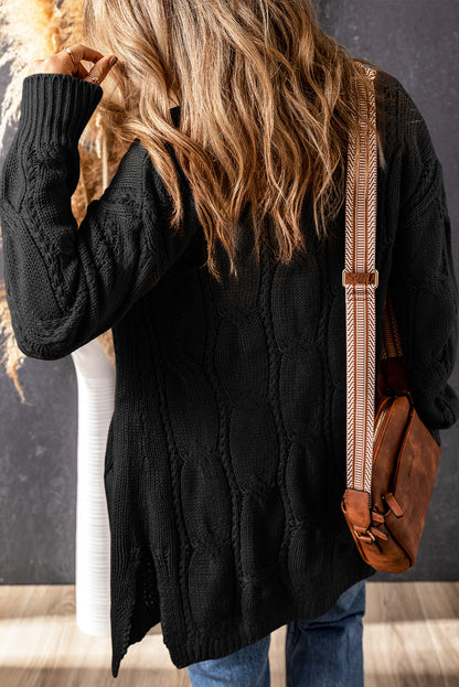 Ribbed Trim Eyelet Cable Knit Cardigan | Black