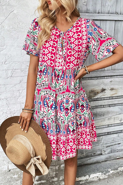 Bohemian Print Tie Neck Ruffle Hem Short Dress | Pink