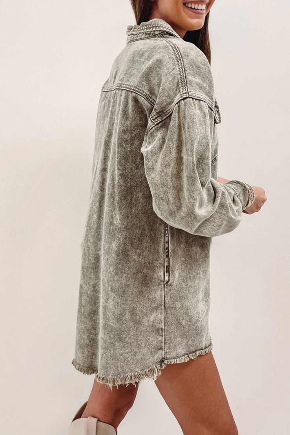 Sage Green Acid Wash Flap Pocket Raw Hem Tunic Denim Jacket | sage Green