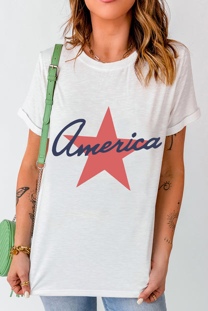 America Star Shape Print O Neck Loose Fit T Shirt | White