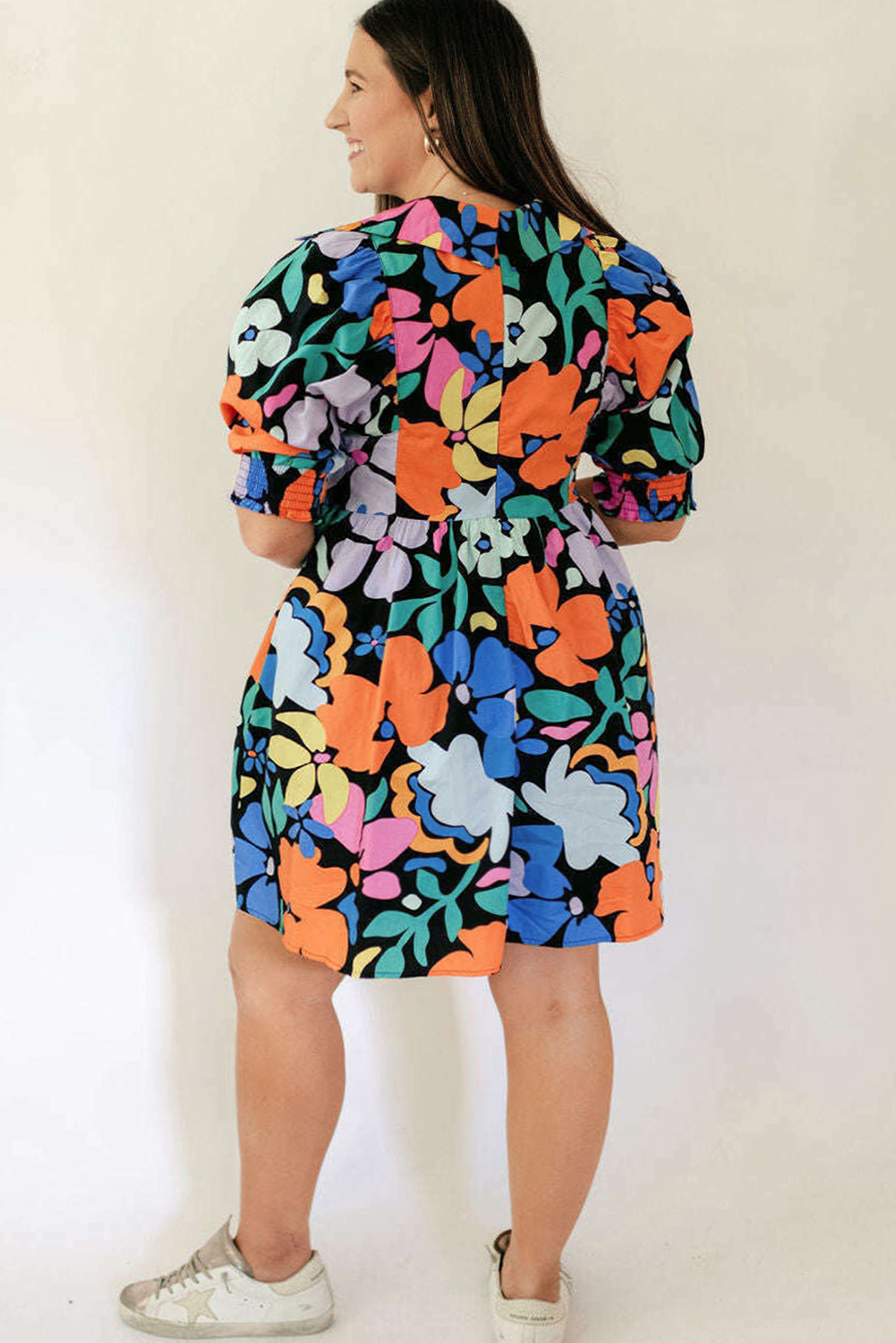 Split Neck Collared Plus Floral Dress | Blue