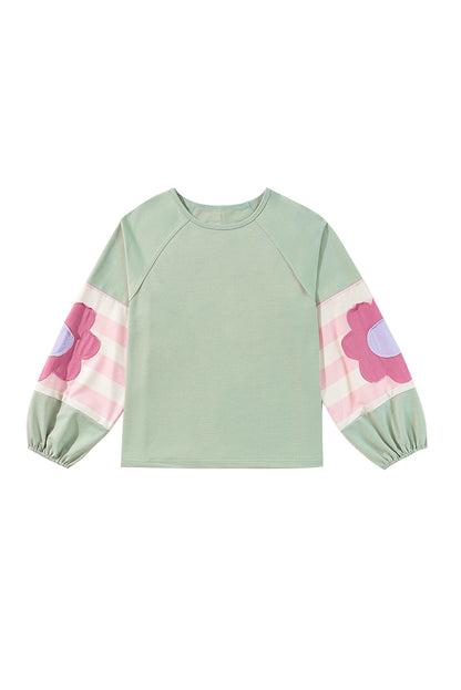 Flower Patchwork Raglan Sleeve Exposed Seam Oversized Top | Smoke Green