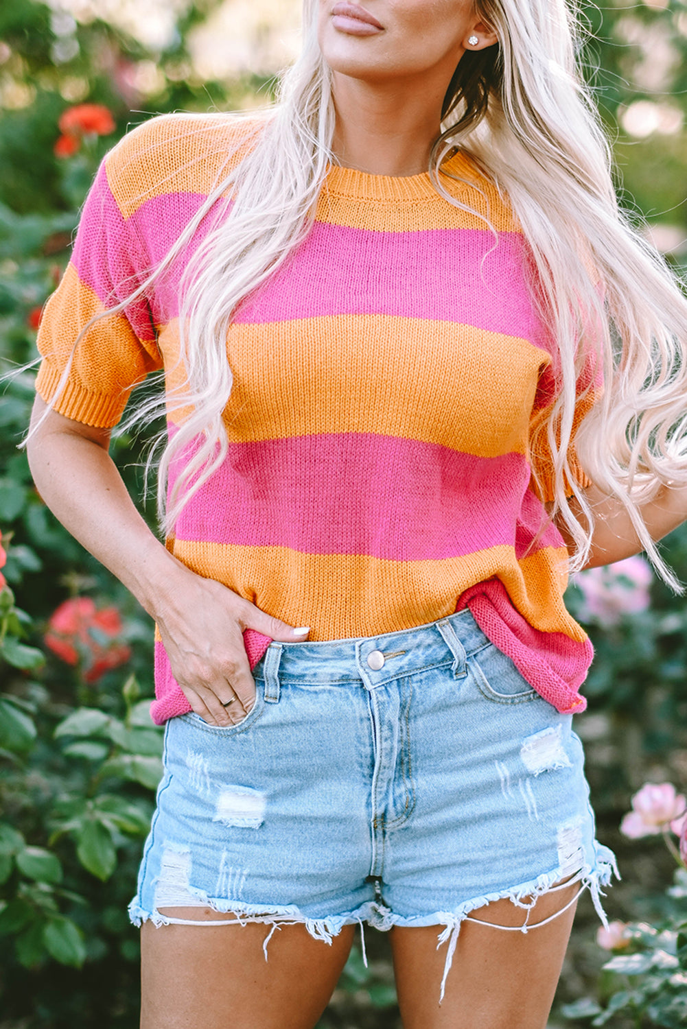 Colour Block Knitted T-Shirt Sweater | Orange Stripe