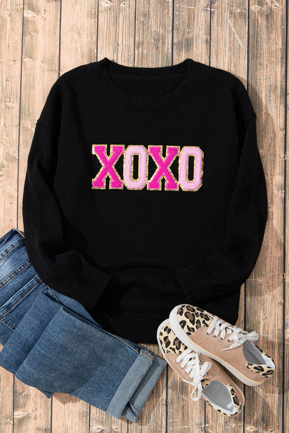 Black Xoxo Glitter Print Round Neck Casual Sweater | Colour black