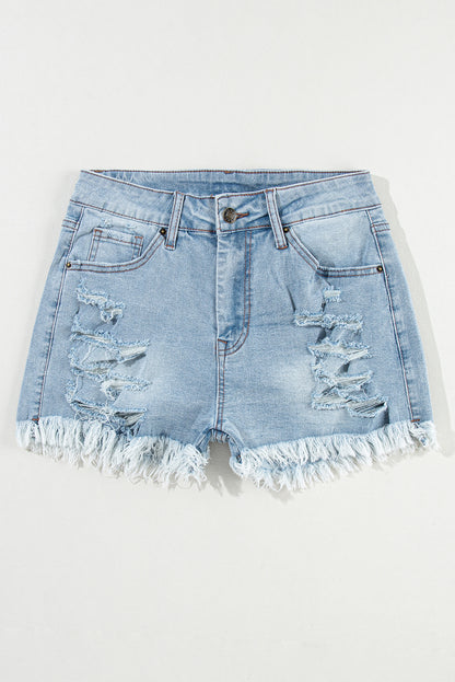 Distressed Ripped Raw Hem High Waist Denim Shorts | Light Blue