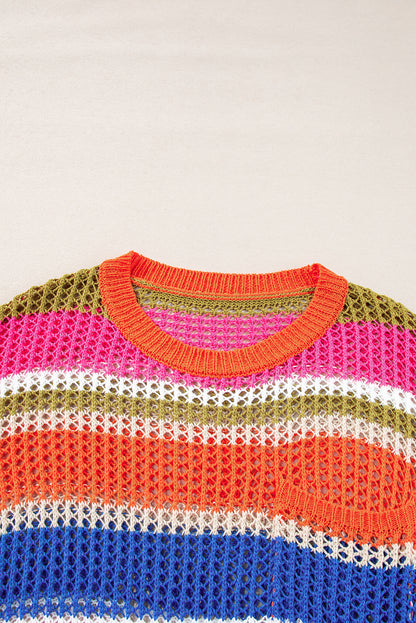 Colourblock Hollowed Crochet 3/4 Sleeve Sweater | Orange Stripe