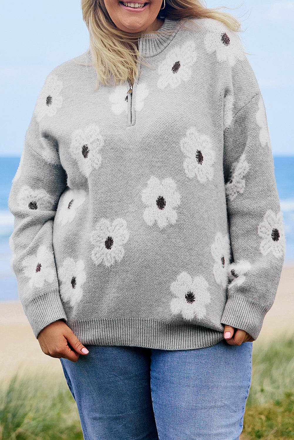 Plus Size Embroidered Floral Pattern Half Zip Sweater | Gray