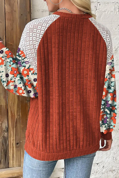 Floral Patchwork Long Sleeve Ribbed Blouse | Cinnamon