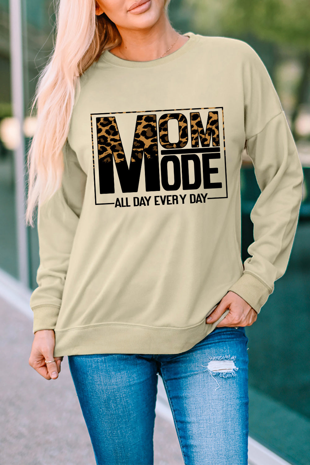 Mom Mode Leopard Print Long Sleeve Sweatshirt | Khaki