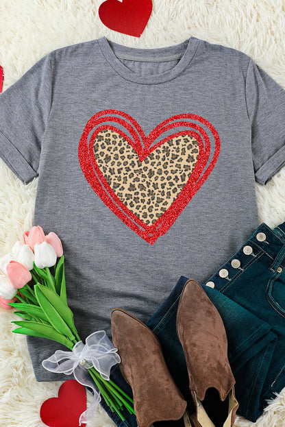 Sequin Leopard Heart Graphic T-Shirt | Gray