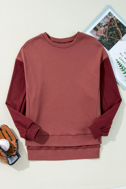 Two Tone Patchwork Drop Shoulder Pullover Sweatshirt | Mineral Red