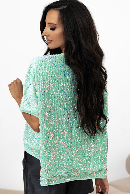 Sequin Batwing Sleeve V Neck Velvet Blouse | Moonlight Jade