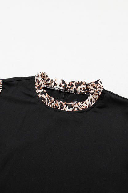 Contrast Leopard Print Lantern Sleeve Blouse | Black