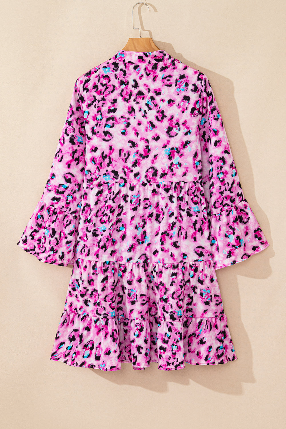 Leopard Print Buttoned Front 3/4 Sleeve Tiered Ruffled Hem Dress | Rose