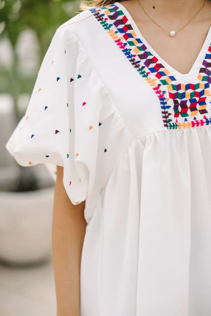 Embroidered Puff Sleeve V Neck Blouse | White