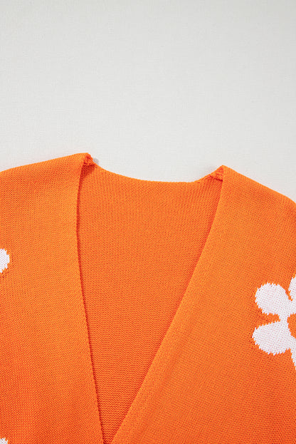 Floral Print Knitted Open Front Loose Cardigan | Orange