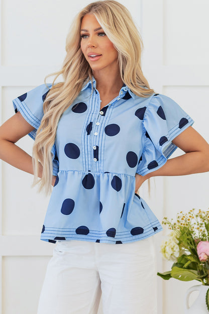 Polka Dot Print Ruffled Short Sleeve Buttoned Collared Blouse | Sky Blue