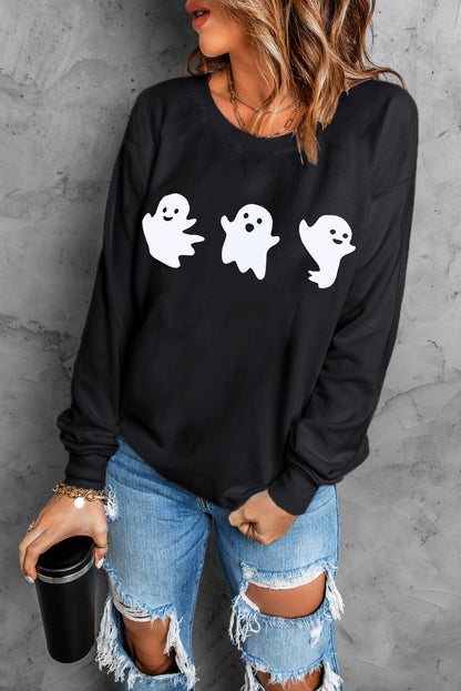 Halloween Ghosts Print Round Neck Sweatshirt | Black