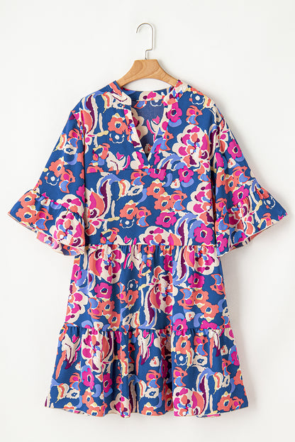 Plus Size Floral Print Ruffled 3/4 Sleeve Mini Dress | Blue