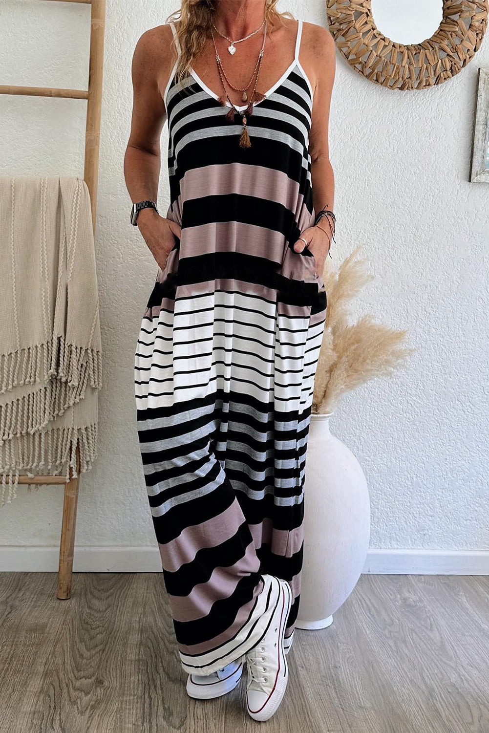 Mixed Stripes Spaghetti Straps V Neck Maxi Dress | Multicolour