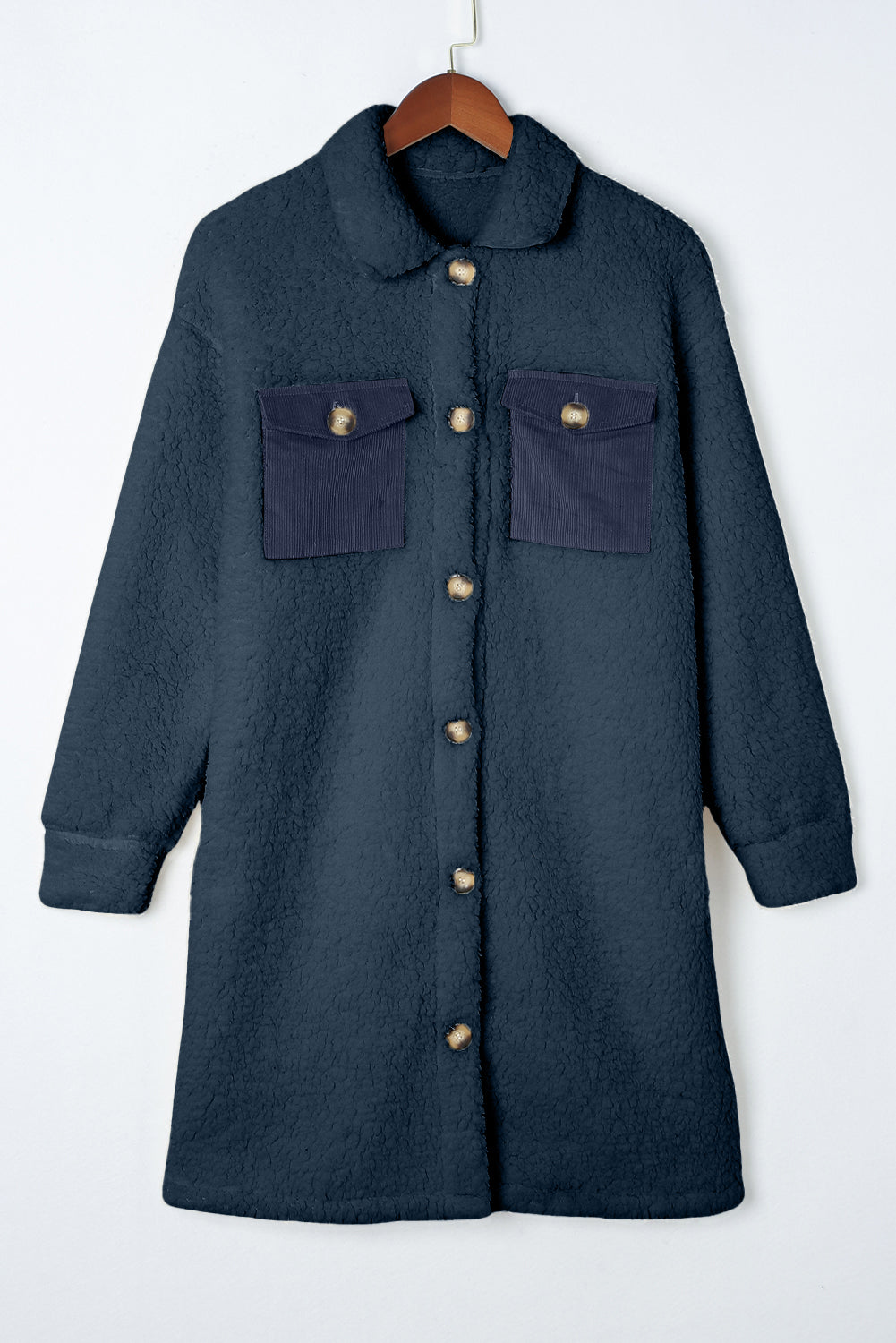 Contrast Flap Pocket Single Breasted Teddy Coat | Blue