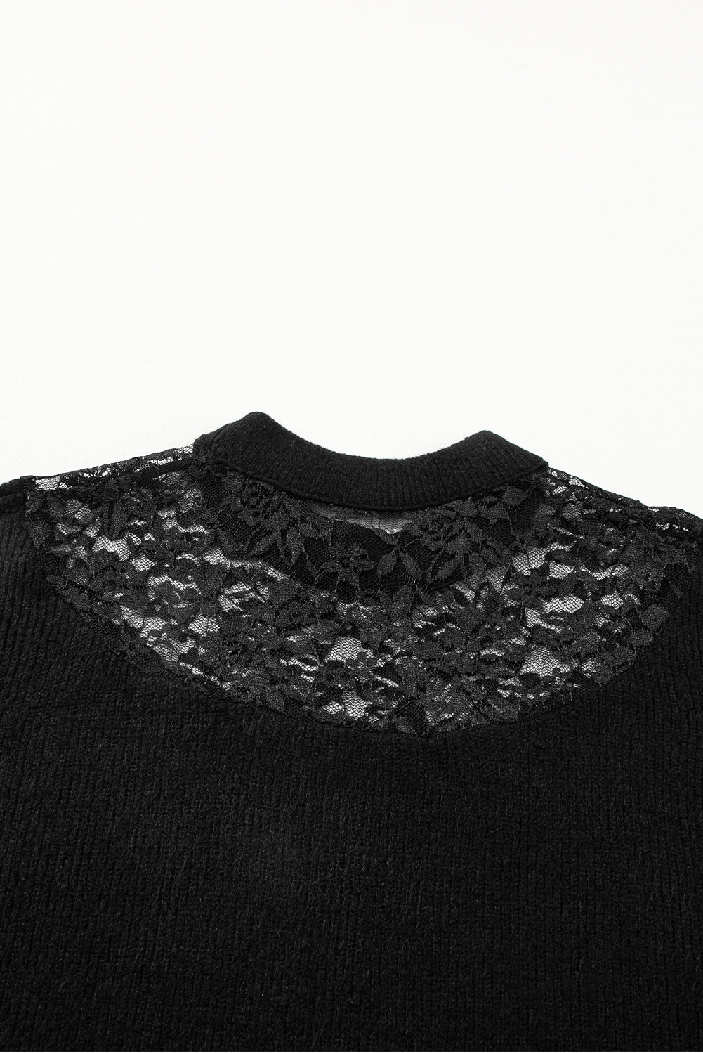 Plus Size Ribbed Knit Lace Splicing High Neck Sweater | Black