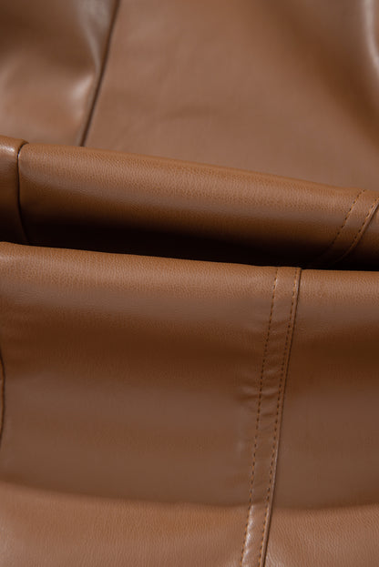 Solid Faux Leather Zipper Slim Fit Bomber Jacket | Chestnut