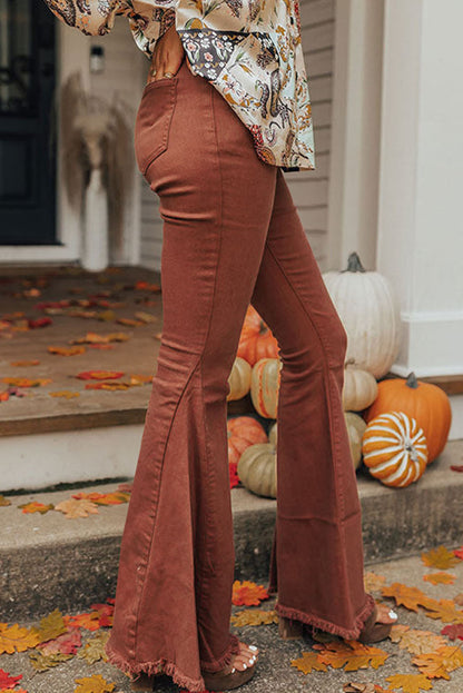 High Waist Raw Hem Flare Jeans | Red