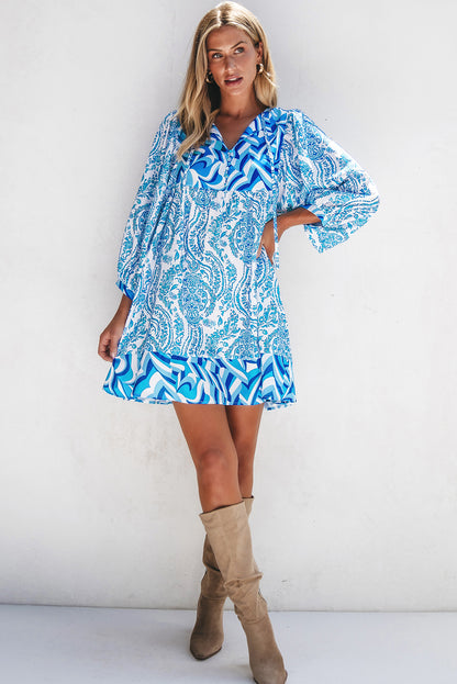 Bohemian Print Puff Sleeve Tied V Neck Flared Mini Dress | Sky Blue