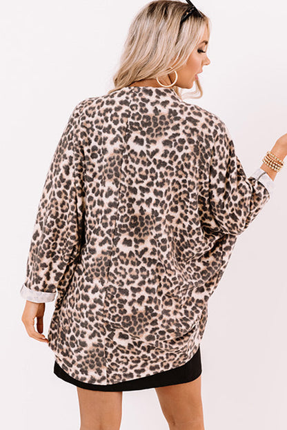 Leopard Print Batwing Sleeve Loose Tunic Cardigan | Khaki