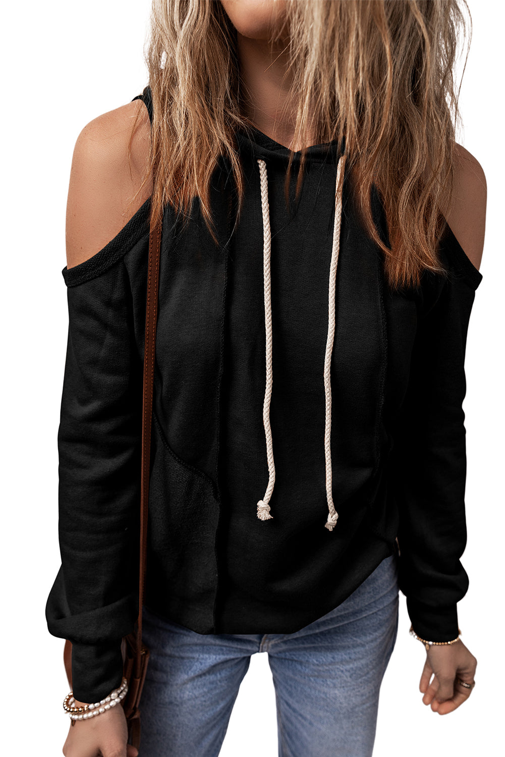 Exposed Seam Cold Shoulder Drawstring Hoodie | Black