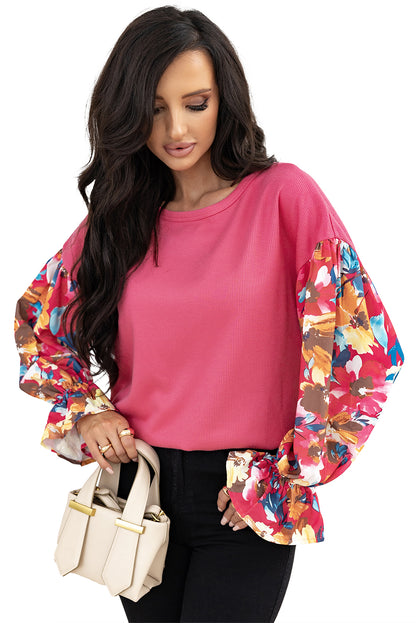 Flower Patchwork Ruffled Sleeve Ribbed Knit Drop Shoulder Top | Sachet Pink