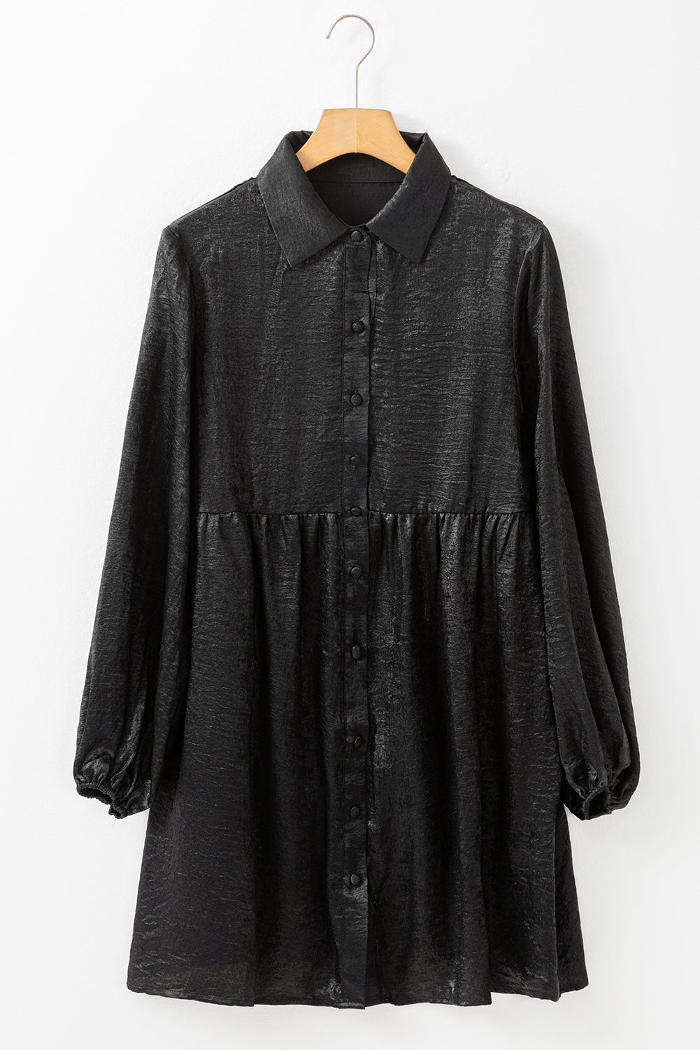 Metallic Sheen Puff Sleeve Button Up Mini Shirt Dress | Black