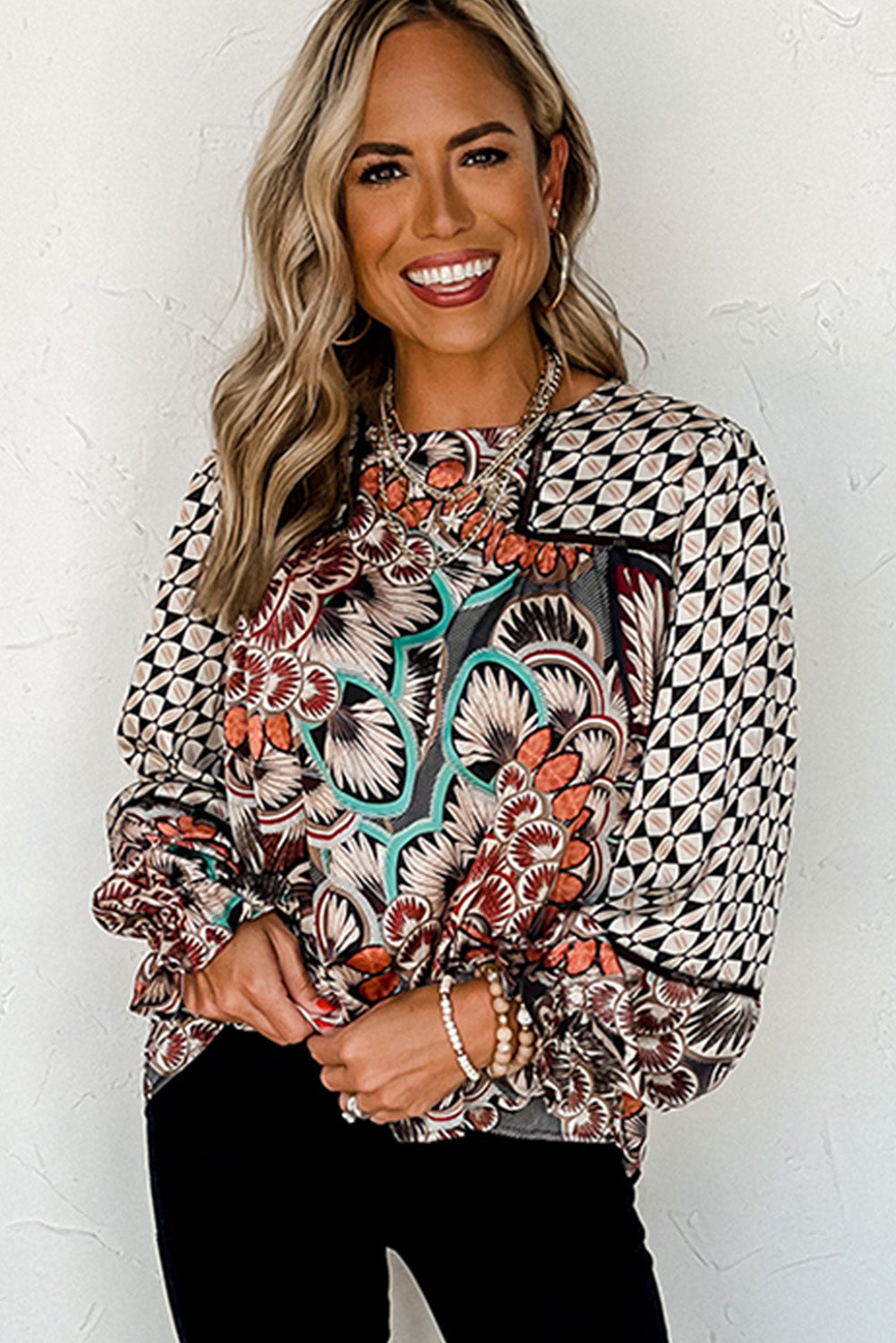 Mixed Floral Geometric Print Ruffled Long Sleeve Blouse | Black