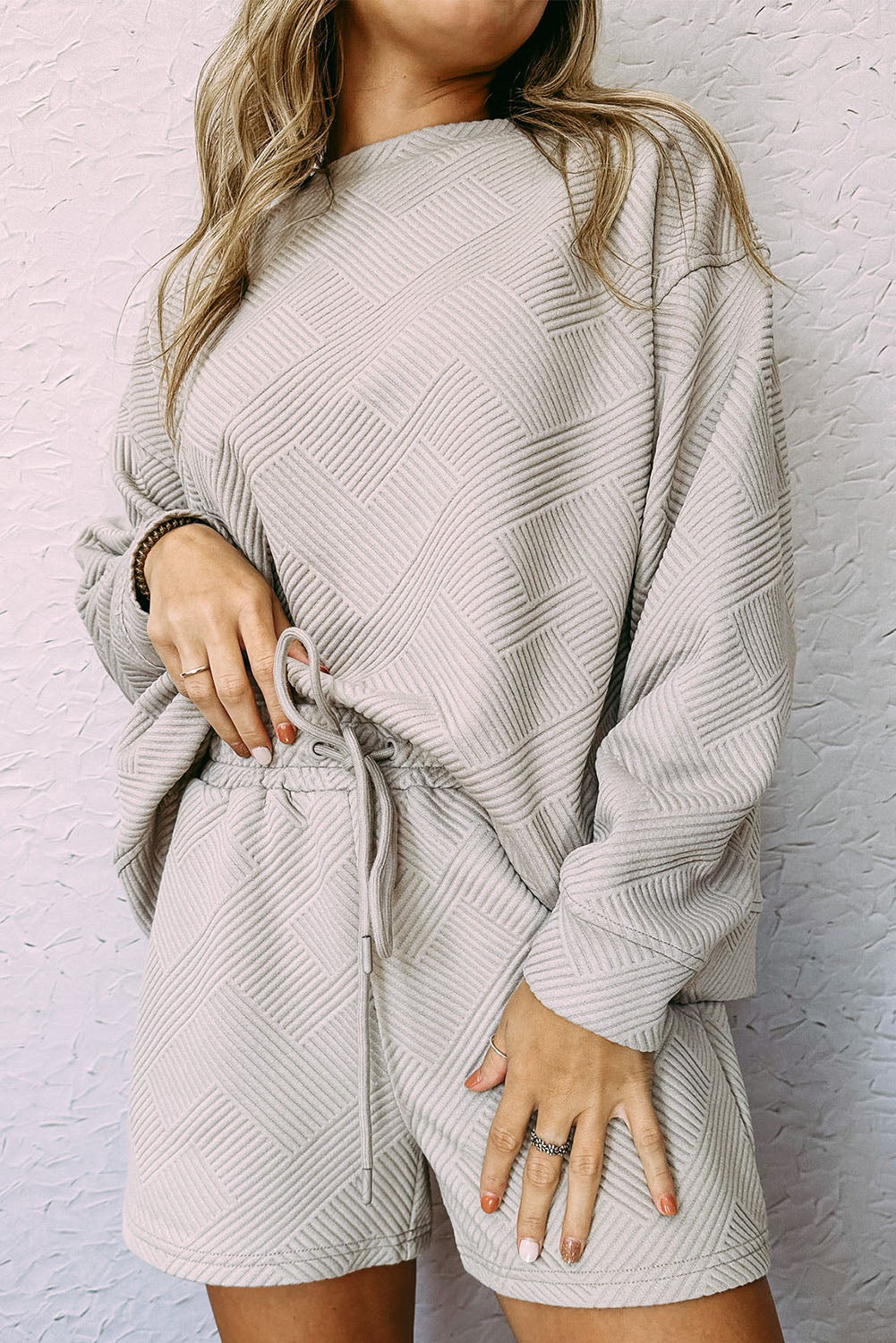 Textured Long Sleeve Top And Drawstring Shorts Set | Gray