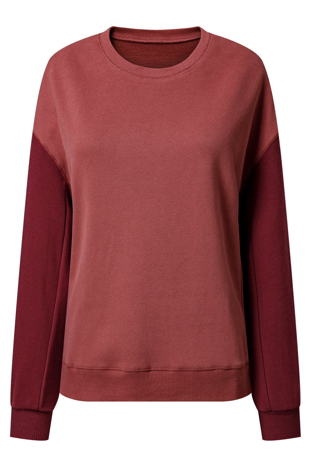 Two Tone Patchwork Drop Shoulder Pullover Sweatshirt | Mineral Red